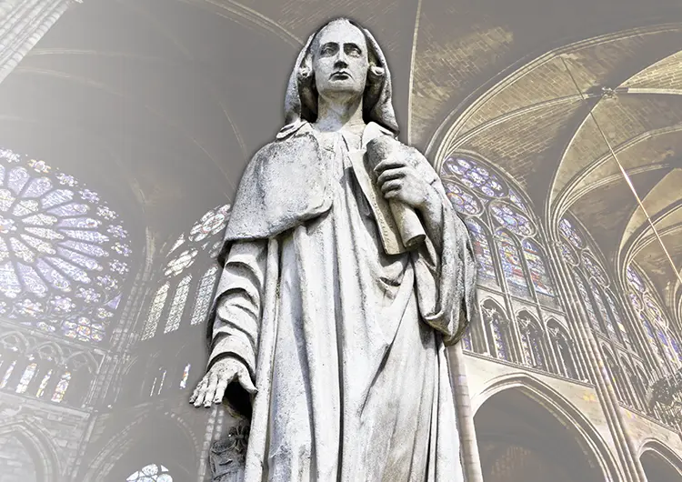 Statue of the abbot in the Louvre Palace and interior of the Basilica of Saint Denis Paris