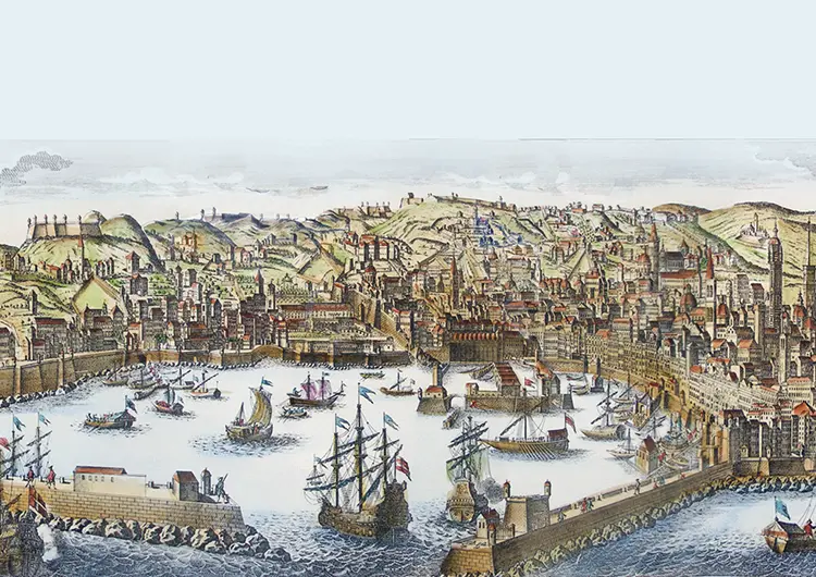 Los barcos procedentes del mar oriental fueron el medio de transporte de la enfermedad que se propago por toda Europa matando a millones de personas Puerto de Genova a finales de la Edad Media