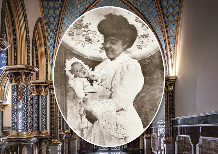 Dona Lucilia with her son Plinio in the background an interior view of the Thabor Formation House Caieiras Brazil