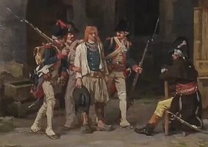 Historical painting of armed soldiers escorting a civilian through an old stone courtyard, featuring traditional military uniforms, rifles, and a tense French Revolution setting.
