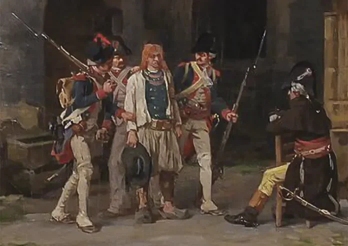 Historical painting of armed soldiers escorting a civilian through an old stone courtyard, featuring traditional military uniforms, rifles, and a tense French Revolution setting.