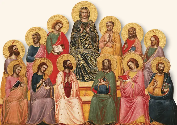 Deprived of the physical presence of Jesus the Apostles gathered around Our Lady to keep themselves steadfast in their perseverance Pentecost by Giovanni Baronzio Barberini Palace Rome