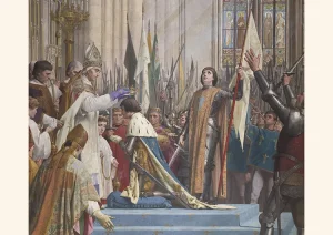 Santa Juana de Arco en la coronacion de Carlos VII por el arzobispo de Reims de Jules Eugene Lenepveu Panteon de Paris