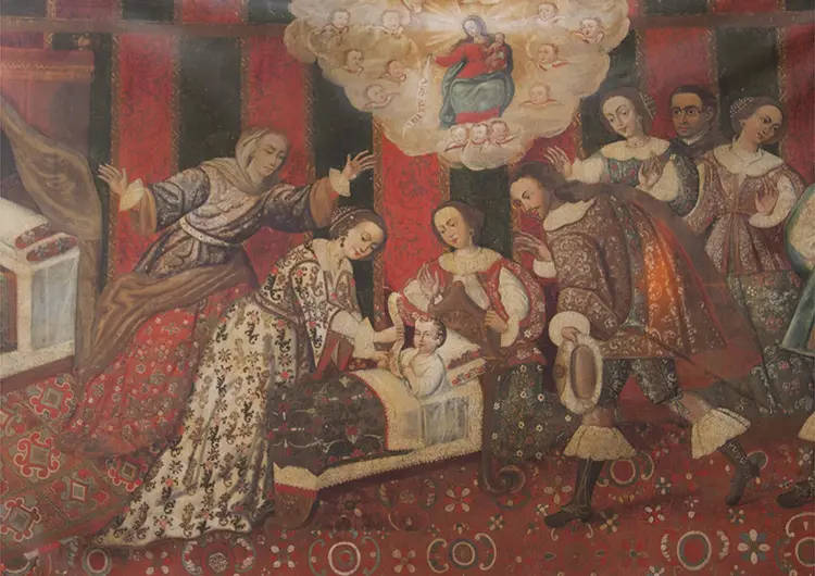 El pequeno Tomas recibe del Cielo un manuscrito con la salutacion angelica Convento de Santo Domingo Lima