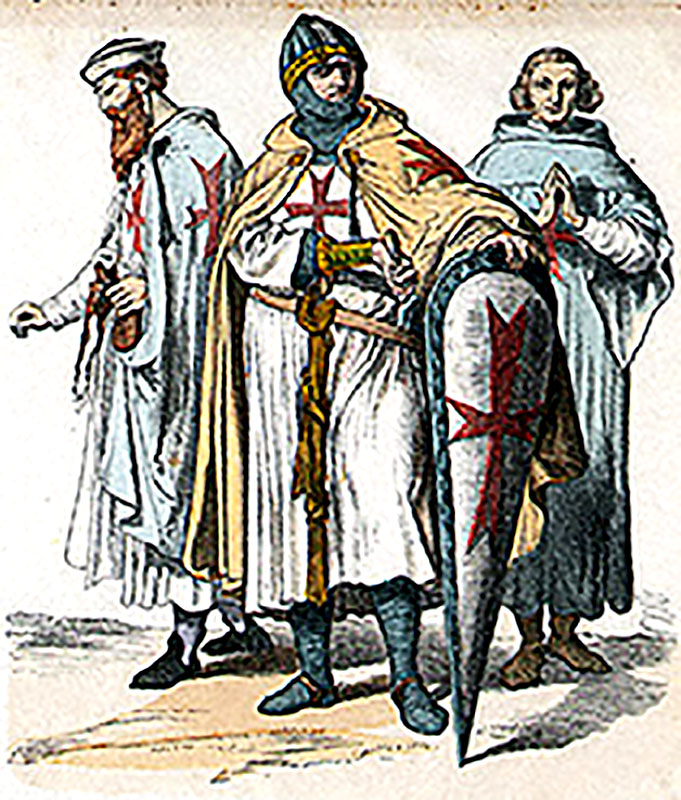 Caballeros templarios, grabado del libro «Zur Geschichte der Kostüme»