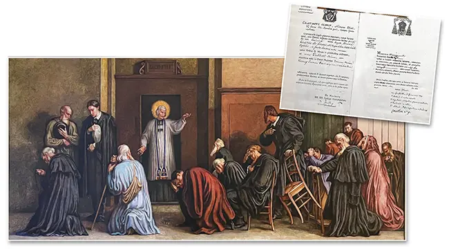 Fotos: Awaiting Confession with St. John Marie Vianney, emphasizing penance and forgiveness.