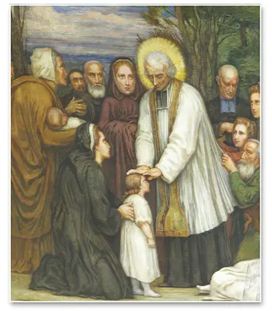 Foto: St. John Vianney, praying over child, reflecting devotion and spiritual renewal.