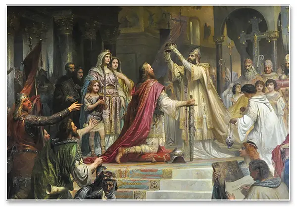 Foto: Charlemagne crowned Emperor by Pope Leo III in St. Peter’s Basilica, marking the revival of the Western Roman Empire.