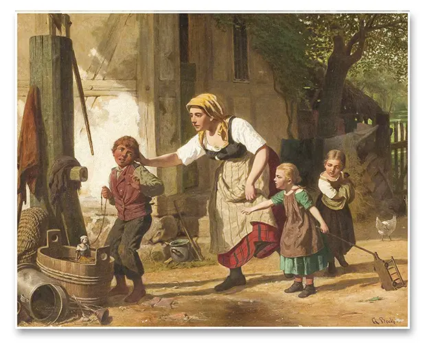 A mother scolds her son, illustrating parental correction and balanced affection in child education.