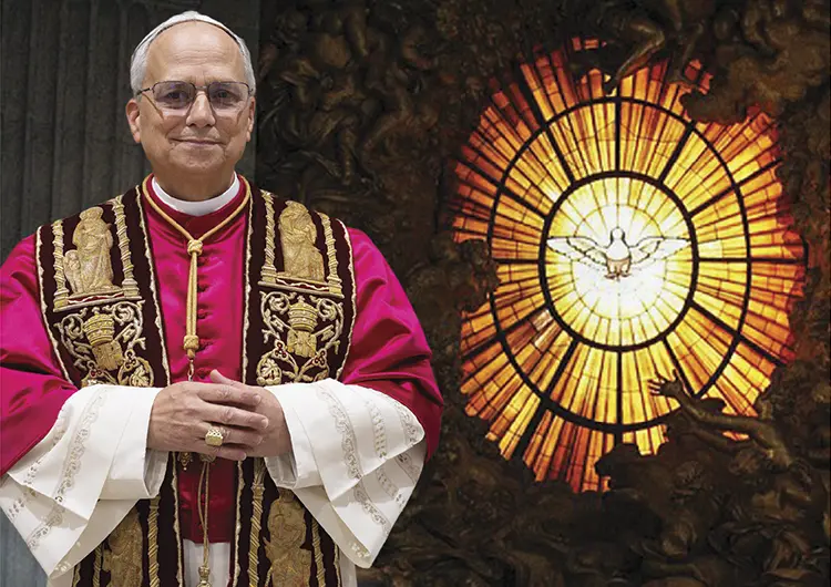 Pope Leo XIV; in the background, detail of the Altar of the Chair, St. Peter’s Basilica (Vatican)