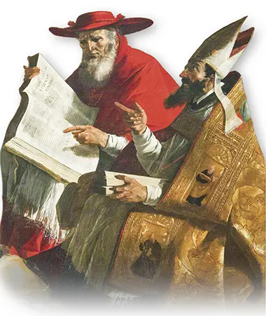St. Jerome and St. Augustine, early Church Fathers compiling the biblical canon.