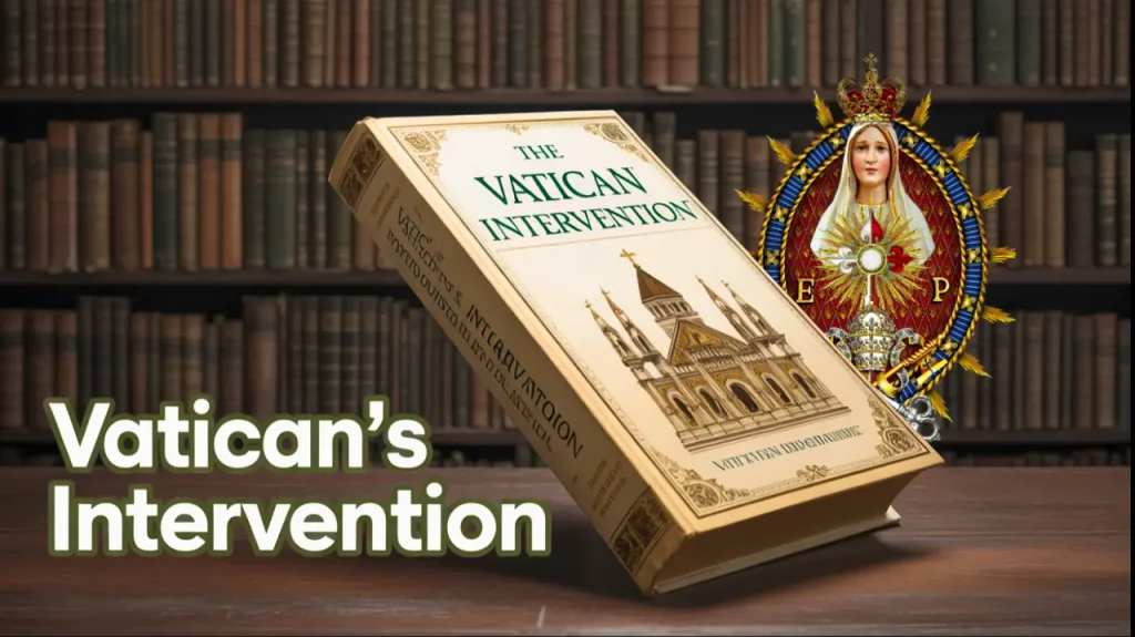 A book titled “The Vatican Intervention” displayed in front of shelves filled with old books, alongside an ornate Heralds of the Gospel emblem featuring a radiant Eucharistic symbol.