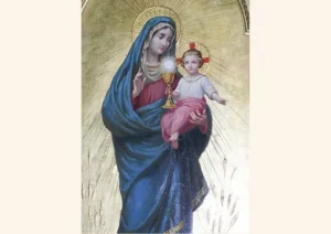 Religious artwork depicting the Virgin Mary in a blue mantle holding the Christ Child, who is seated on her arm, with both figures shown with radiant golden halos and Mary presenting a golden chalice containing the Eucharist.